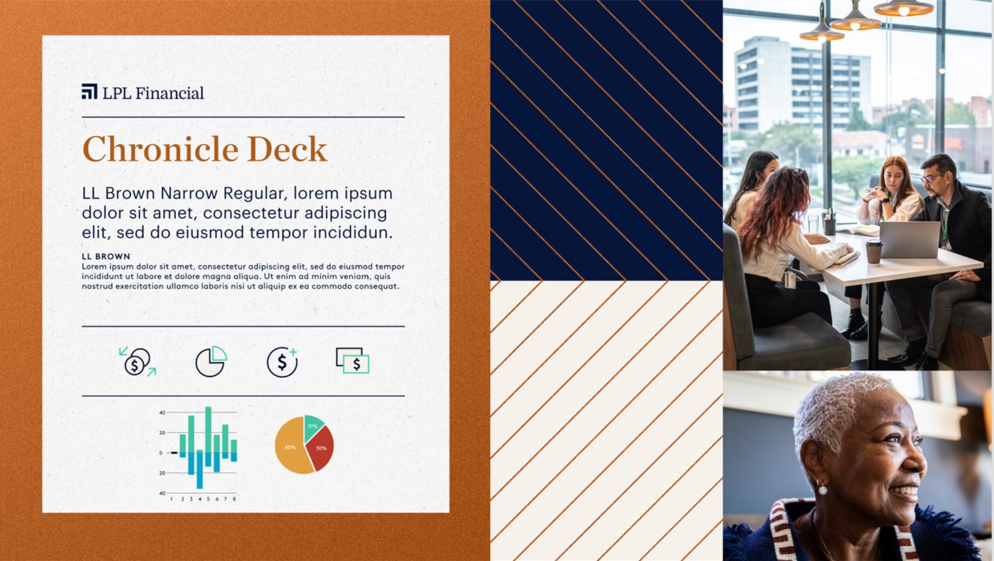 LPL Financial visual identity, after — refined navy and terracotta system, Chronicle serif type, LL Brown sans secondary, more human photography, textured paper backgrounds.